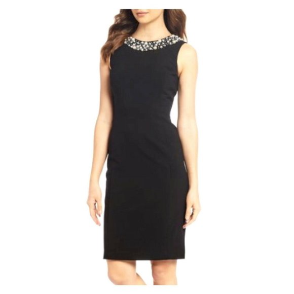 Calvin Klein Dresses & Skirts - Calvin Klein Sleeveless Pearl Embellished Neckline Black Sheath Dress Size 14W